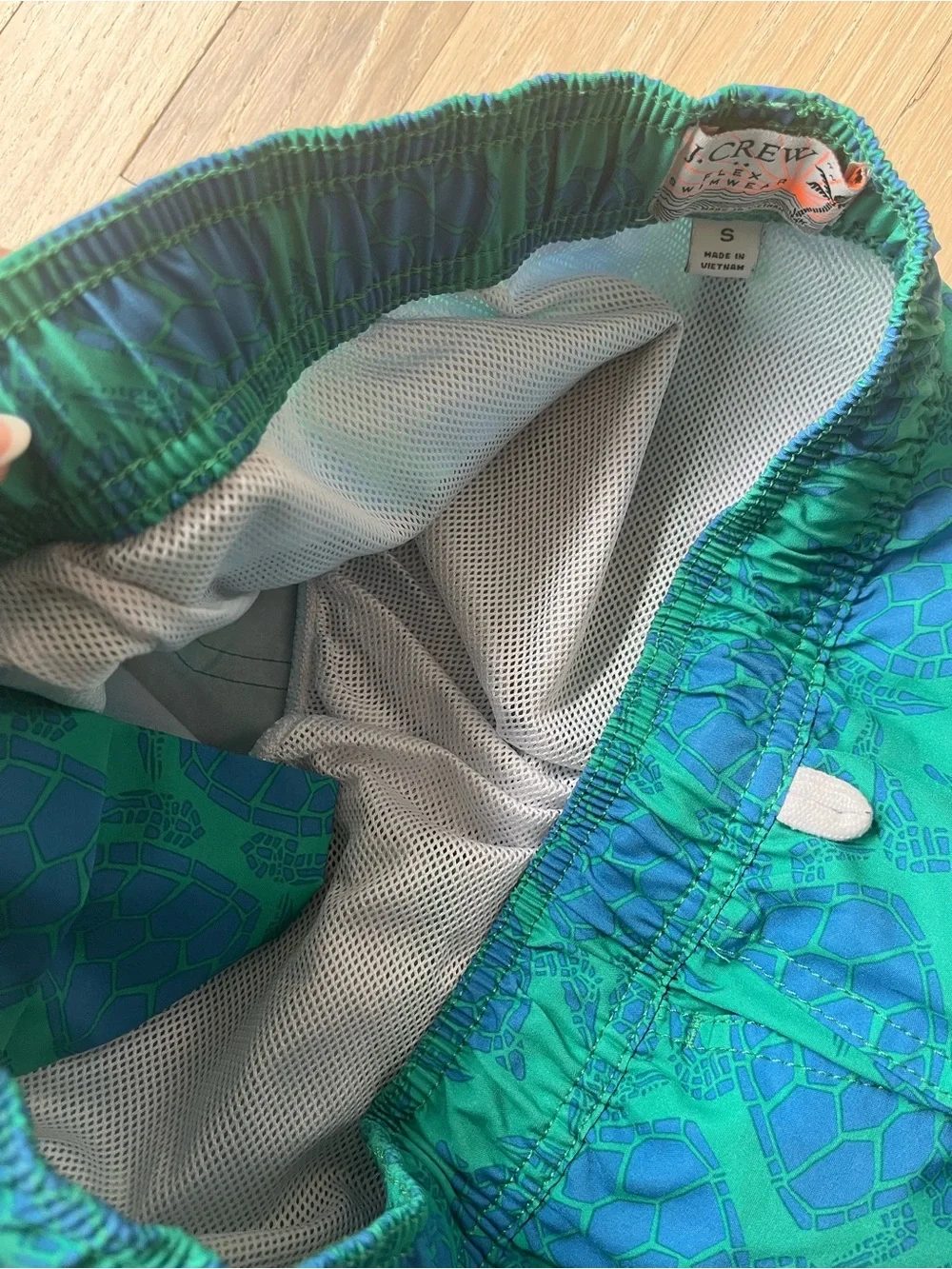 J. Crew Blue & Green Turtle-Print Swim Trunks